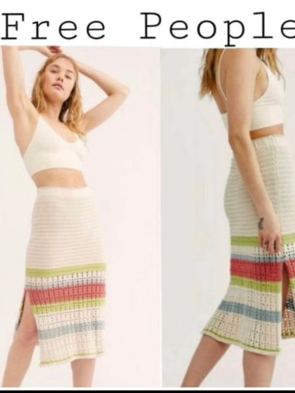 Free People Cream Crochet Midi Skirt with Multicolor Stripes